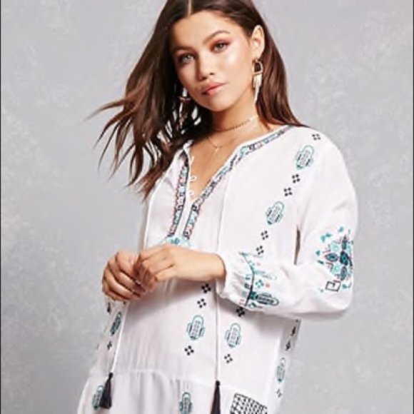 White Bohemian Embroidered Tunic Dress S - Picture 4 of 6